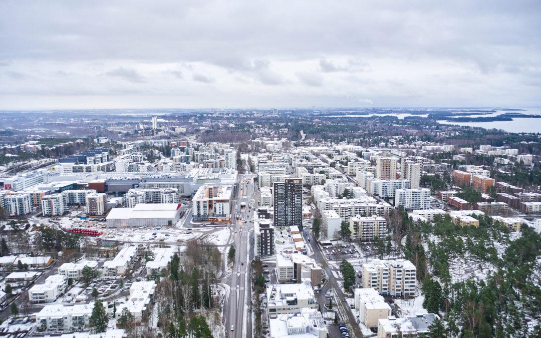 Aerial view of Matinkyla neighborhood of Espoo, Finland. First snow in the city.