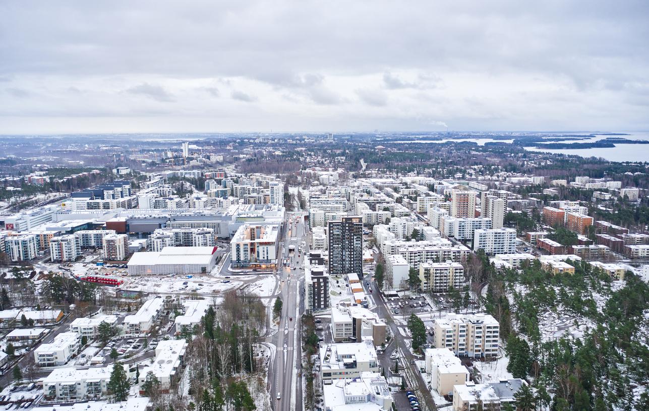 Aerial view of Matinkyla neighborhood of Espoo, Finland. First snow in the city.